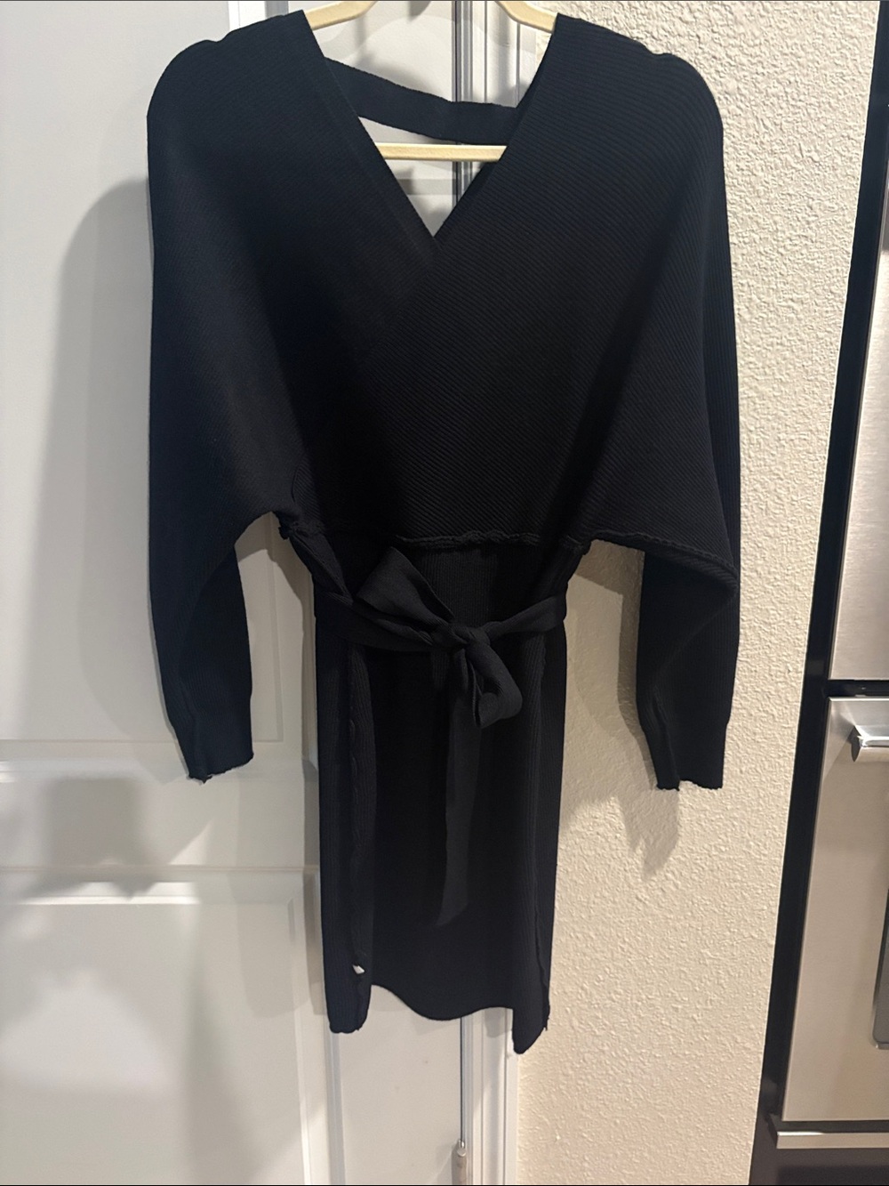 Black V-Neck Knit Belted Women's Dress